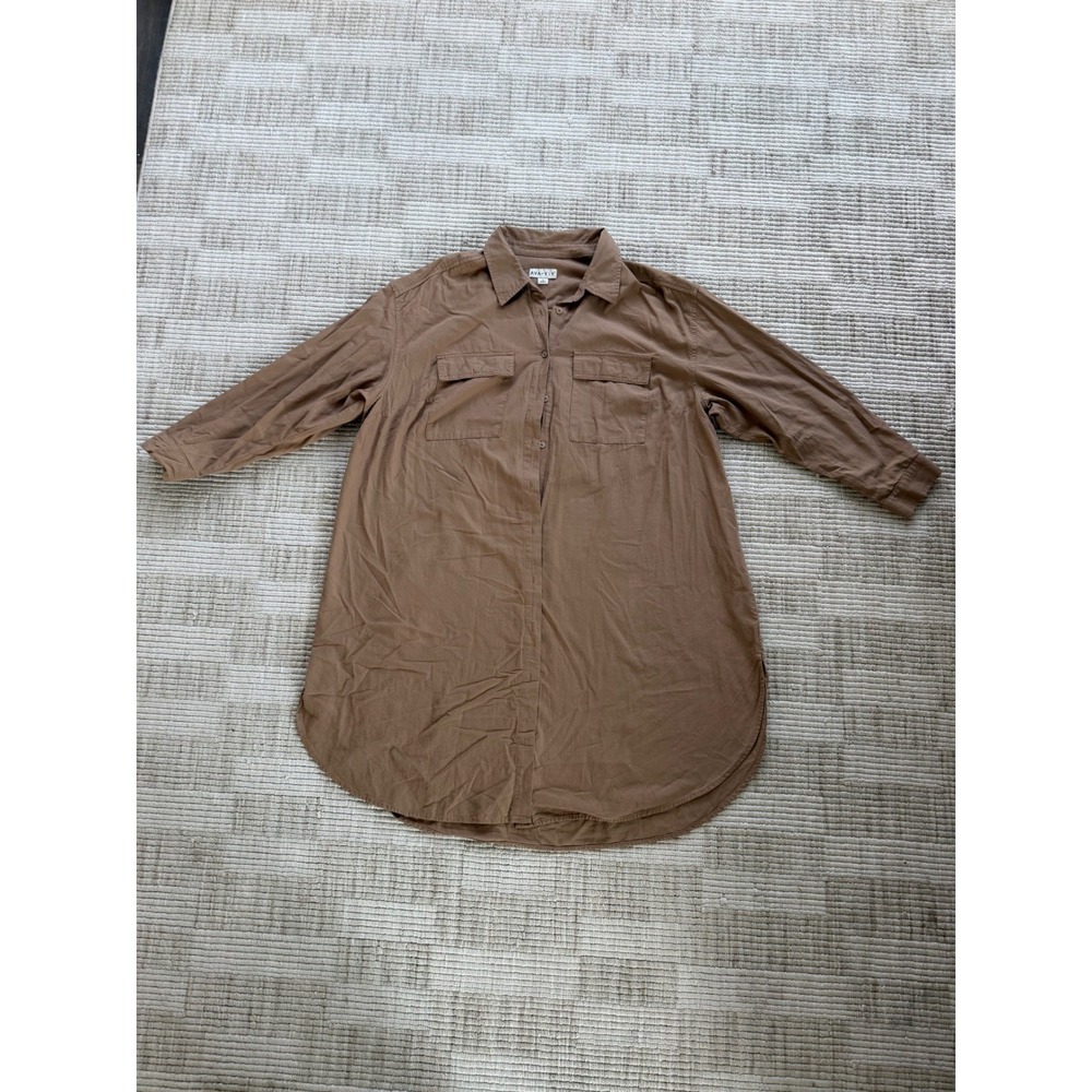 Ava & Viv Womens 1X Brown Cotton Button Down Utility Shirt Long Sleeve Pocket